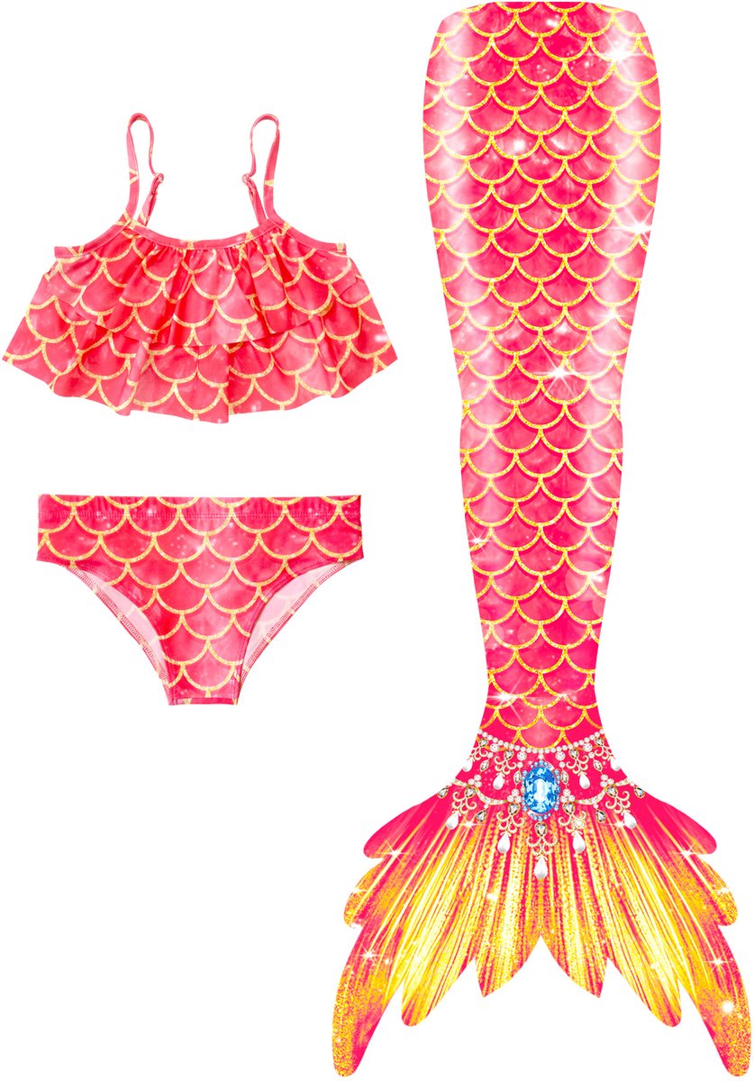 Joya Kids® Zeemeerminstaart met bikini verkleed set Oranje en Geel | Staart met bijpassende bikini | Mermaid Staart | Prinsessen jurk | Zeemeermin Verkleedkleding meisje | Maat 120